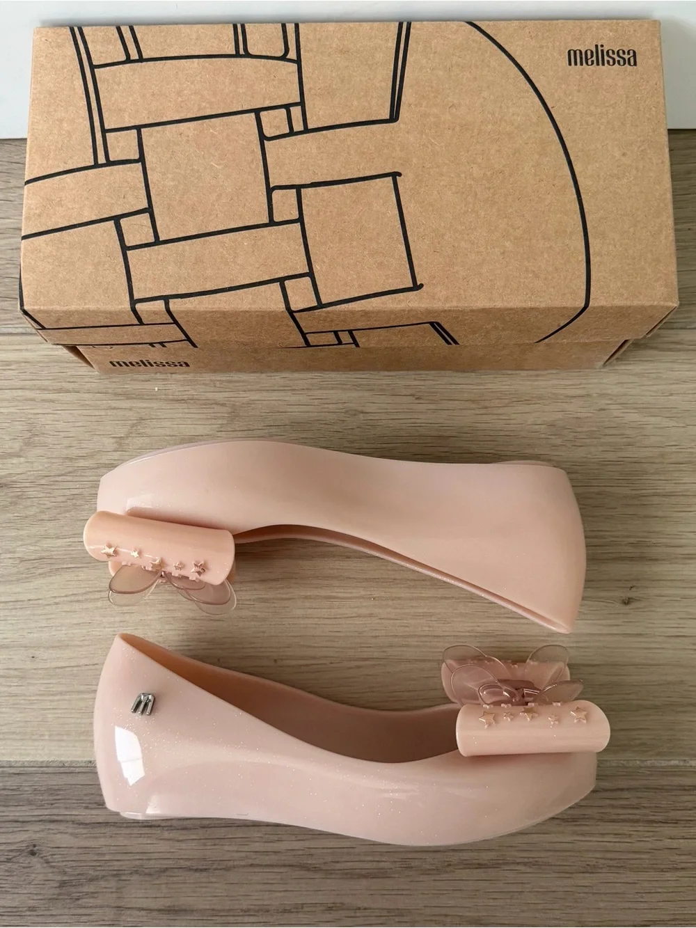 Mini Melissa Blush Pink Ultragirl Star Bow Jelly Flats with Rose-Gold Accents